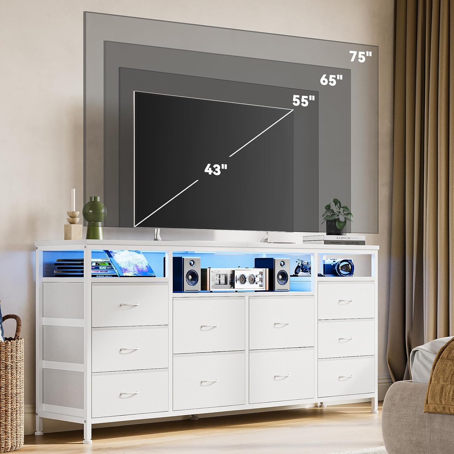 63.3 in Dresser for Bedroom, 10 Drawer Dresser Tv Stand for 65 70 75 in Tv, Fabric Chest of Drawers With Led Lights & Power Outlets, Long Entertainment Center for Closet, Living Room (White PU)