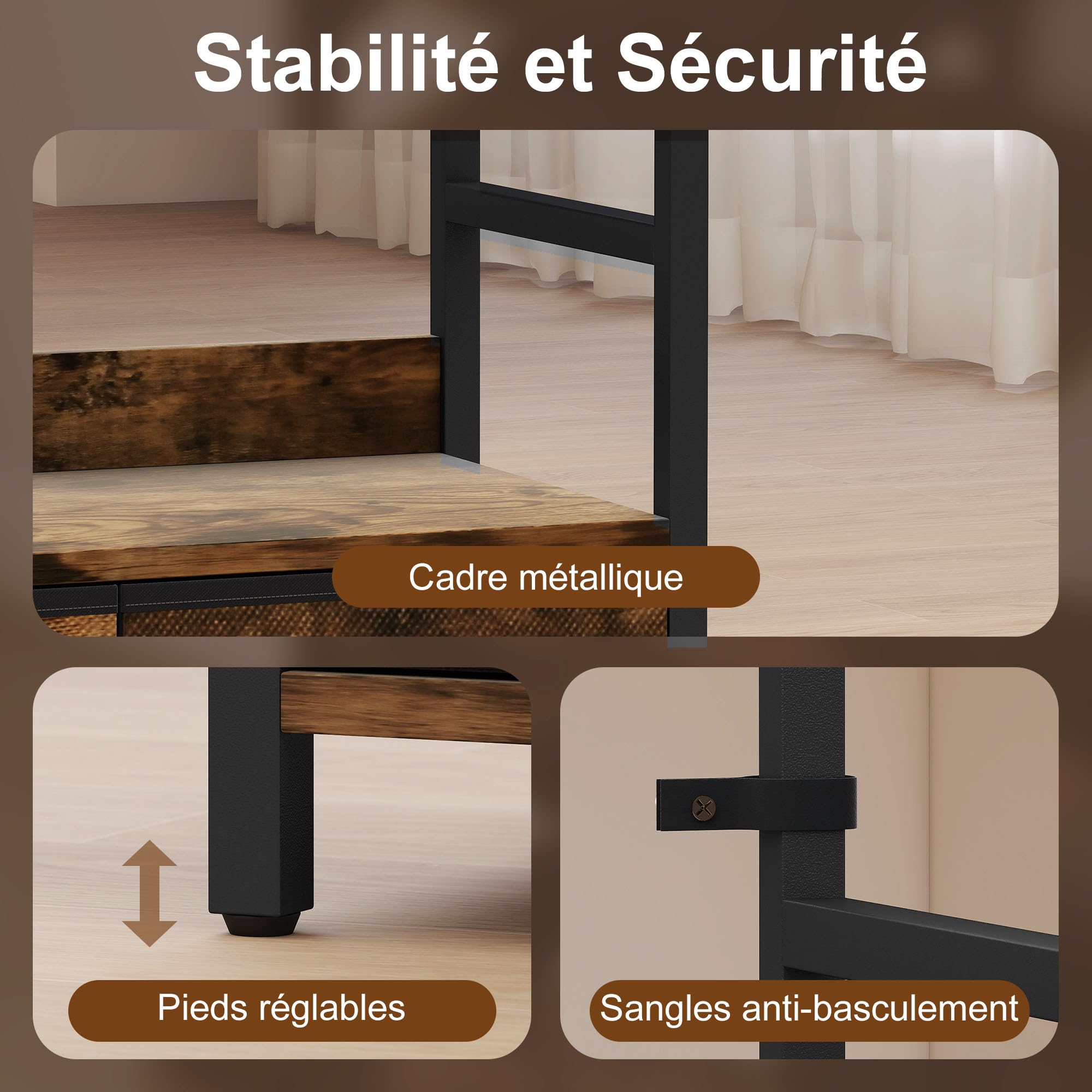 HOMCOM Scaffale industriale 6 livelli, 60x30x176 cm, Marrone Ruggine | 4 ripiani, 3 cassetti in tessuto, ampio scaffale, portapiante, per soggiorno, home office, camera da letto
