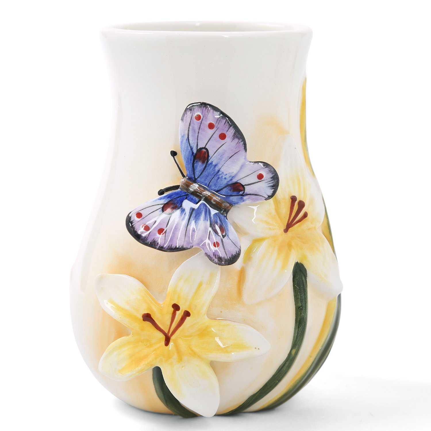 Set Accessori Bagno In Ceramica Con Farfalla 3D - 5 Pezzi: Portaspazzolino, Tazze, Portasapone, Dispenser