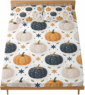Twin XL Bed Fitted Sheets Watercolor Autumn Pumpkins Bed Set with 16" Deep Pocket,Soft Microfiber Bedding Bottom Sheet with Decorative Pillowcases Pentagram Maple Leaf
