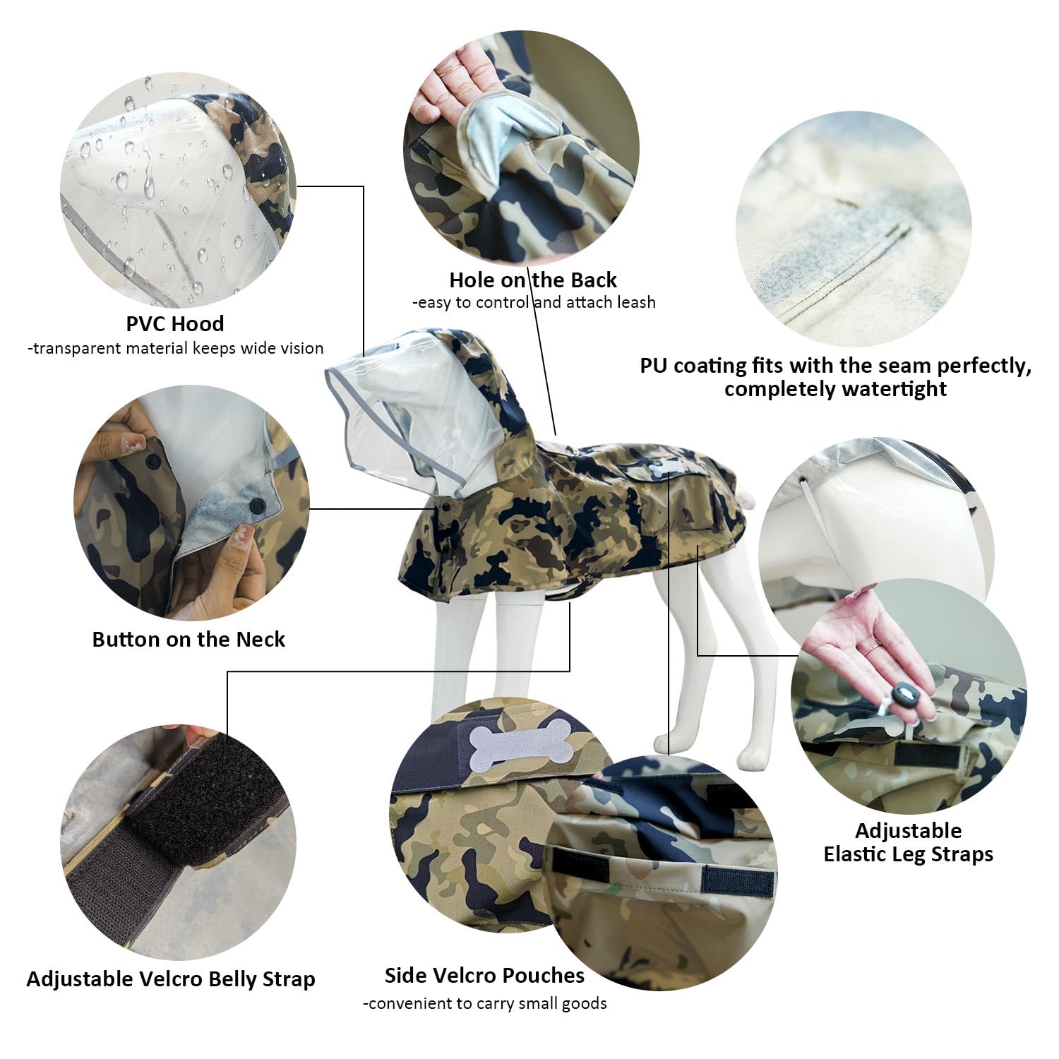 Waterproof Dog Raincoat, Adjustable Reflective Lightweight Pet Rain Clothes with Poncho Hood(X-Large,Camo) - Image 4