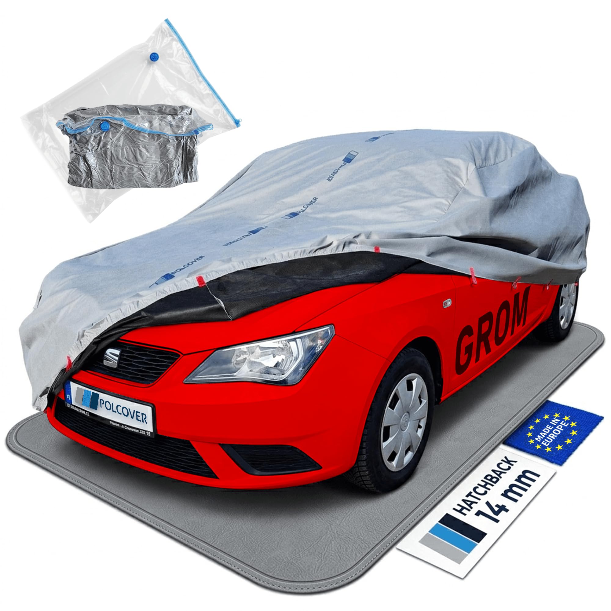 GROM 14 mm Autoabdeckung Hagelschutz Wasserdicht Atmungsaktiv Sonne, Staub, UV-Schutz M (410-428 cm) Hatchback Autoplane - Spezialisierter Schutz Autohülle Auto Winter & Sommer