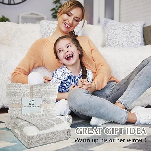 Vista 8 de WRENGONGE Manta a rayas, color gris pardo, suave, acogedora, mullida, cálida, para diván, sofá, silla, cama, viajes, ligera, 50 x 70 pulgadas, manta