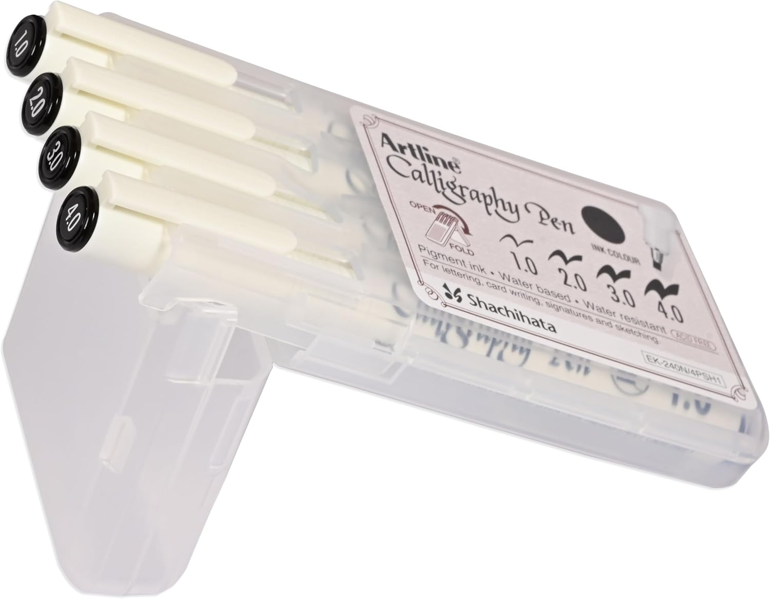ARTLINE English Calligraphy Pen, Acid Free, Pigment Ink, Water Based Ink, Water Resistant, Set of 4 Pieces Assorted Line Size 1,2,3,&4mm, Black Color, Pack in Hard PVC Pen Holder-ARFPEPF-240/4PSH1