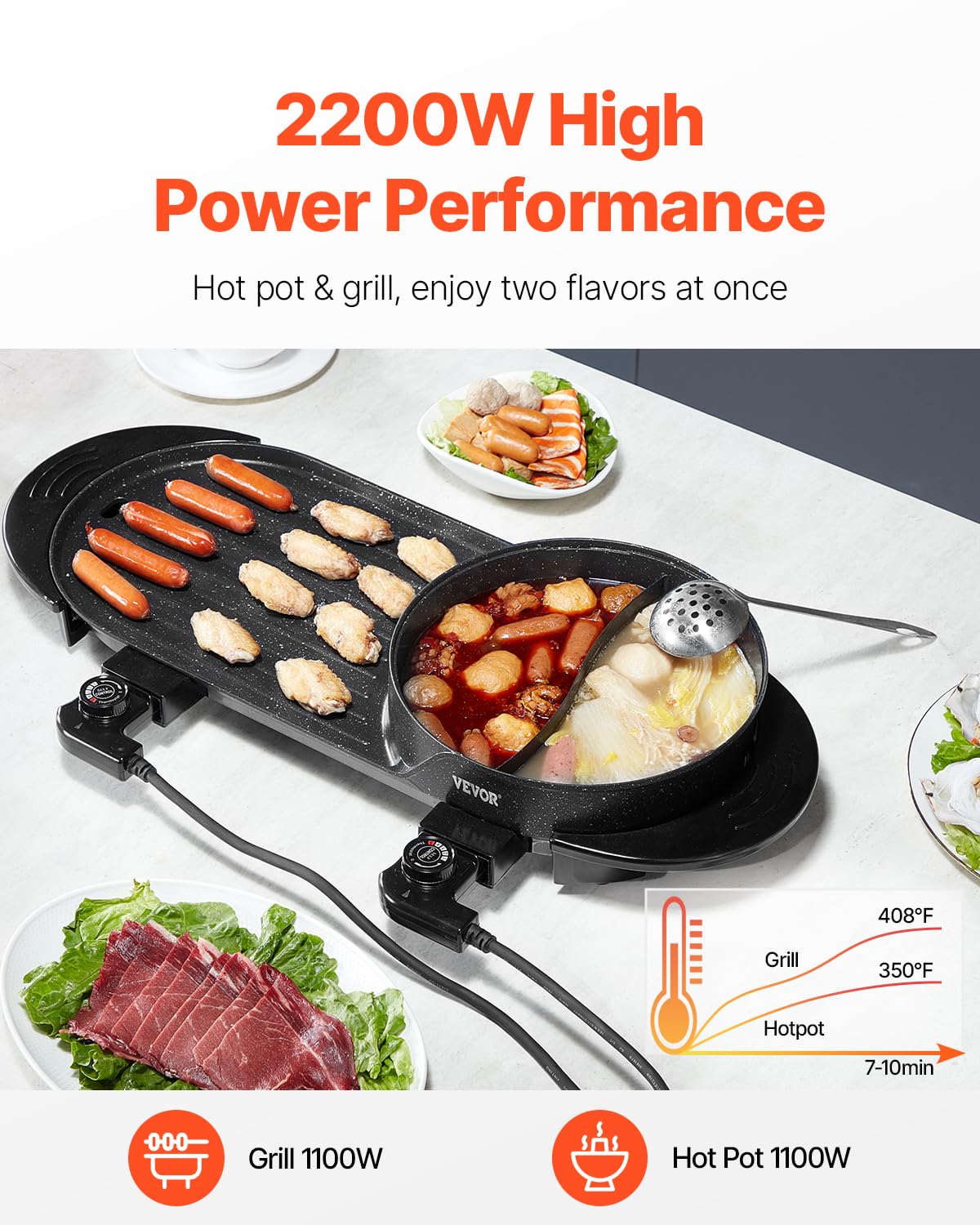 VEVOR Hot Pot mit Grill, 2200 W 2 in 1 elektrischer rauchfreier Grill und Hot Pot, koreanischer BBQ Shabu Feuertopf mit separater doppelter Temperaturregelung & antihaftbeschichteter Pfannen