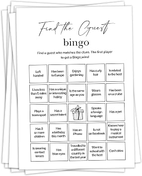 Birthday Party Games, Find The Guest Bingo, 25 Pcs Card Set for Guests, Fun Birthday Game for Teen Adults A08