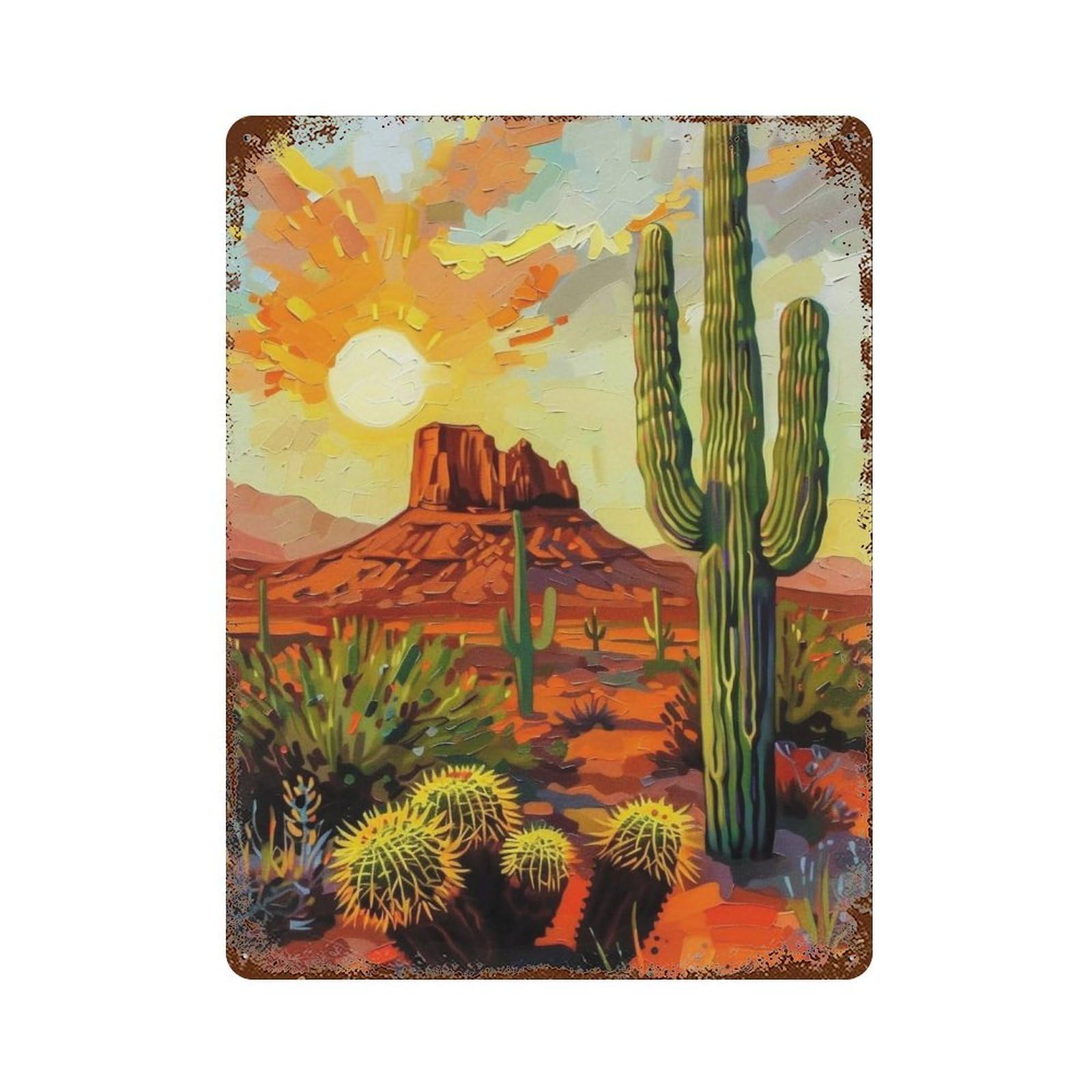 WUJHGRSG Impasto Sunset Red Rock Saguaro Desert Vista 02 Wall Art Retro Iron Vintage Metal Tin Sign Poster Modern Decor for Home Cofffee Club Bar Shop Style 40x30cm