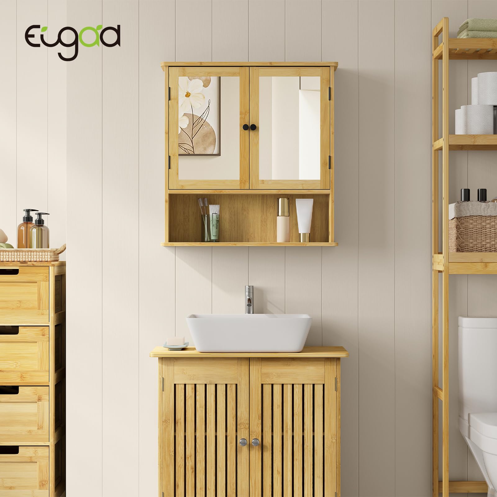 EUGAD Armario Baño de Bambú, Armario Baño Pared con Puertas de Espejo, Mueble con 1 Estante Ajustable y 1 Compartimiento Abierto, Cocina y Dormitorio, 56x14x58 cm