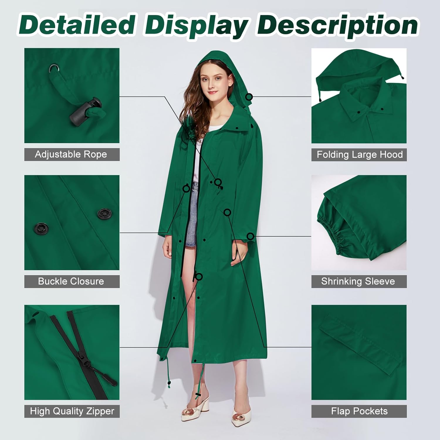 SOPPY Rain Coats for Women, Long Waterproof Raincoat Lightweight Hooded Rain Jacket for Hiking Travel Outdoor - Image 4