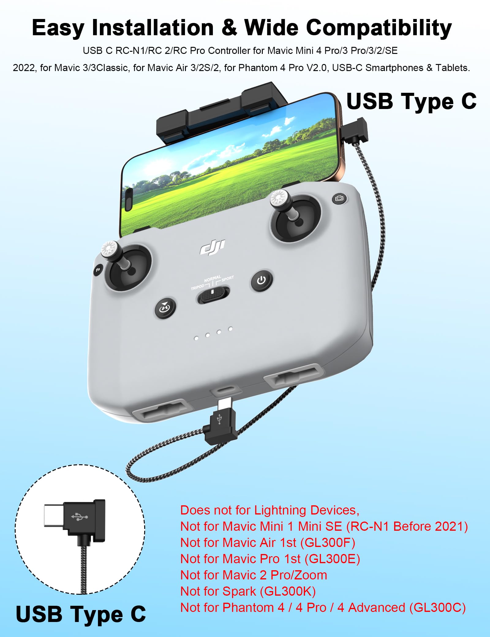 Cavo controller da USB C a USB C per drone DJI, 3 m, cavo intrecciato | Cavo telecomando per Mavic 3/Mini 4 Pro SE Air 2 2S/RC-N1 N2 N3 per iPhone 17 Pro Max 16 15/Samsung A17 A16 S26 Ultra