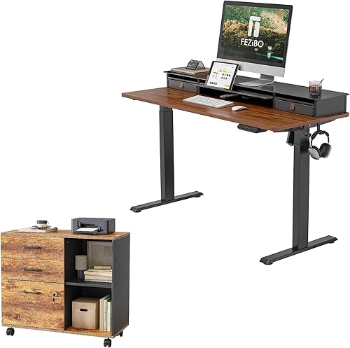 FEZIBO Electric Standing Desk with Glass Top Monitor Stand,48 x 26 Inch with File Cabinet