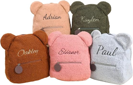 BJZLWJ Plush Little Bear Backpack, Embroidery Personalized Monogram Cute Fuzzy Bear Ears Head Backpack, Soft Fluffy Casual Sherpa Daypack Mini Shoulder Bag Purse Gifts for Boy and Girl