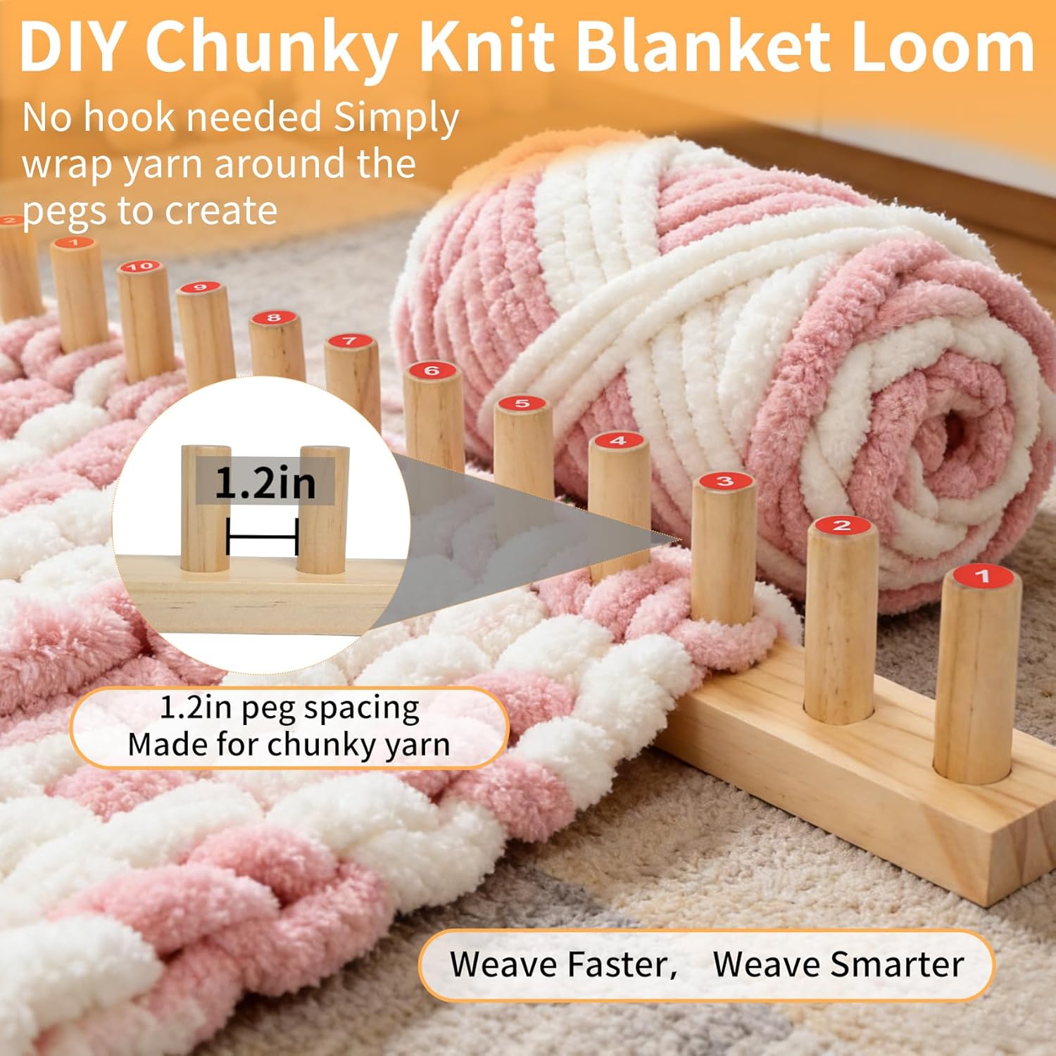 New 60" Chunky Yarn Loom with Tags, Beginner Hand Knitting Loom with Detachable Wooden Frame, Adjustable Size No Needles, DIY Blanket Weaving Loom, Premium Wood No Coating
