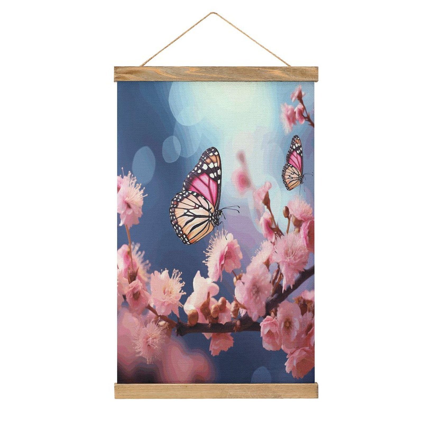 FekiLoot Pink Flowers Butterflies Wall Art Poster Hanger Frame Linen Wall Art Decor Vintage Hanging Poster Hanging Wall Decor Rustic Retro Wall Art Print for Living Room Decor 20.4 X 13.1Inches