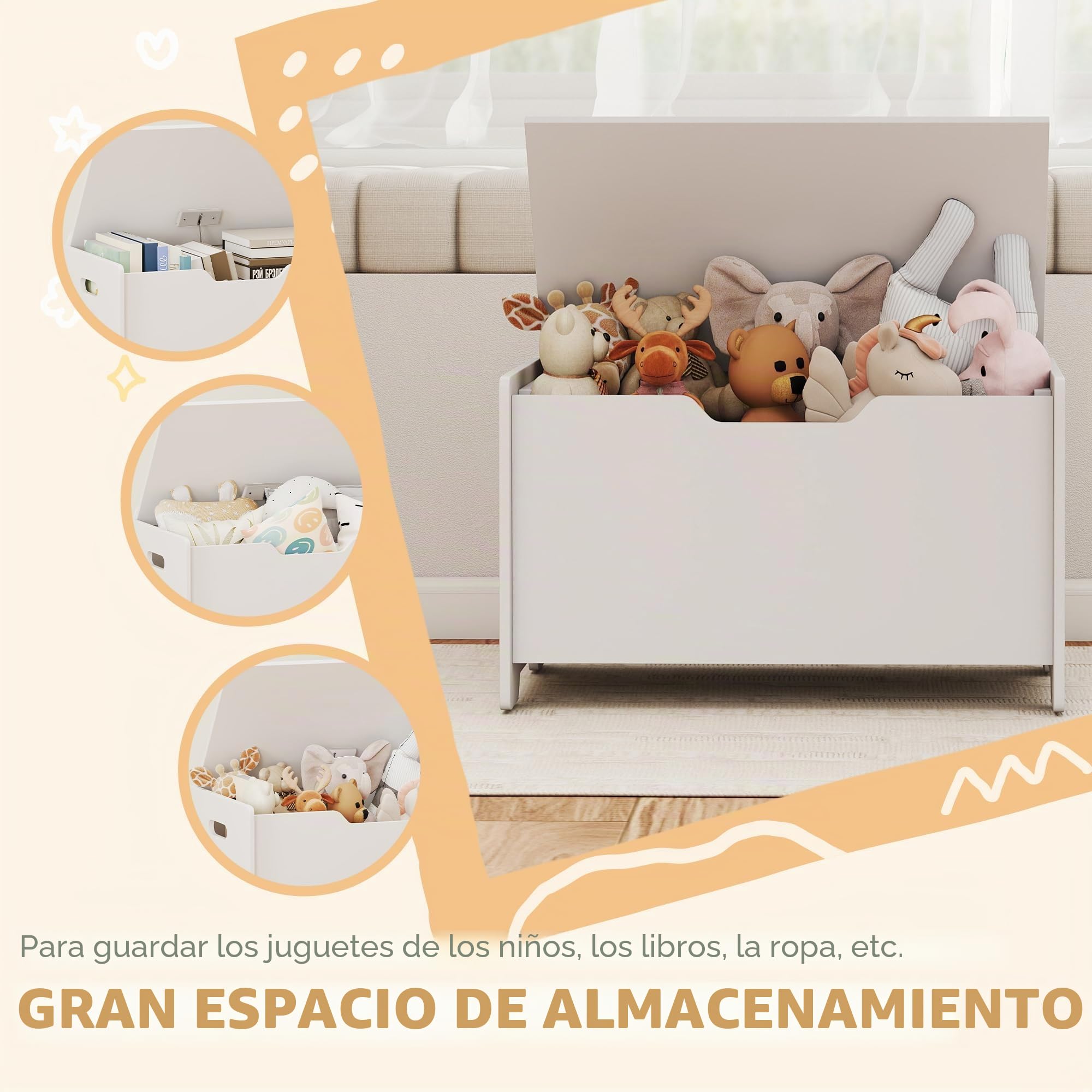 AIYAPLAY Baúl Juguetes con Tapa Abatible 60x38x48cm Blanco