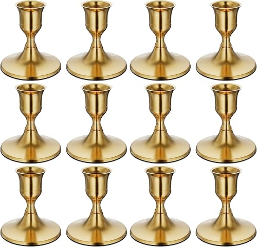 Juego de 12 portavelas de latón dorado, portavelas de metal vintage para comedor, centro de mesa o mantel de decoración de fiesta de boda