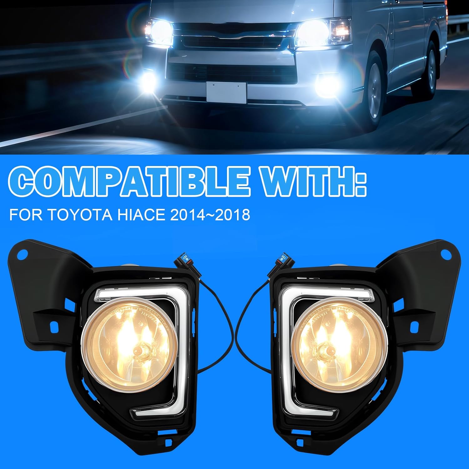 DRL Fog Lights Compatible with 2014 2015 2016 2017 2018 Toyota Hiace with DRL Turn Signals Fog Lamps Assemblies w/Switch and Wiring Harness