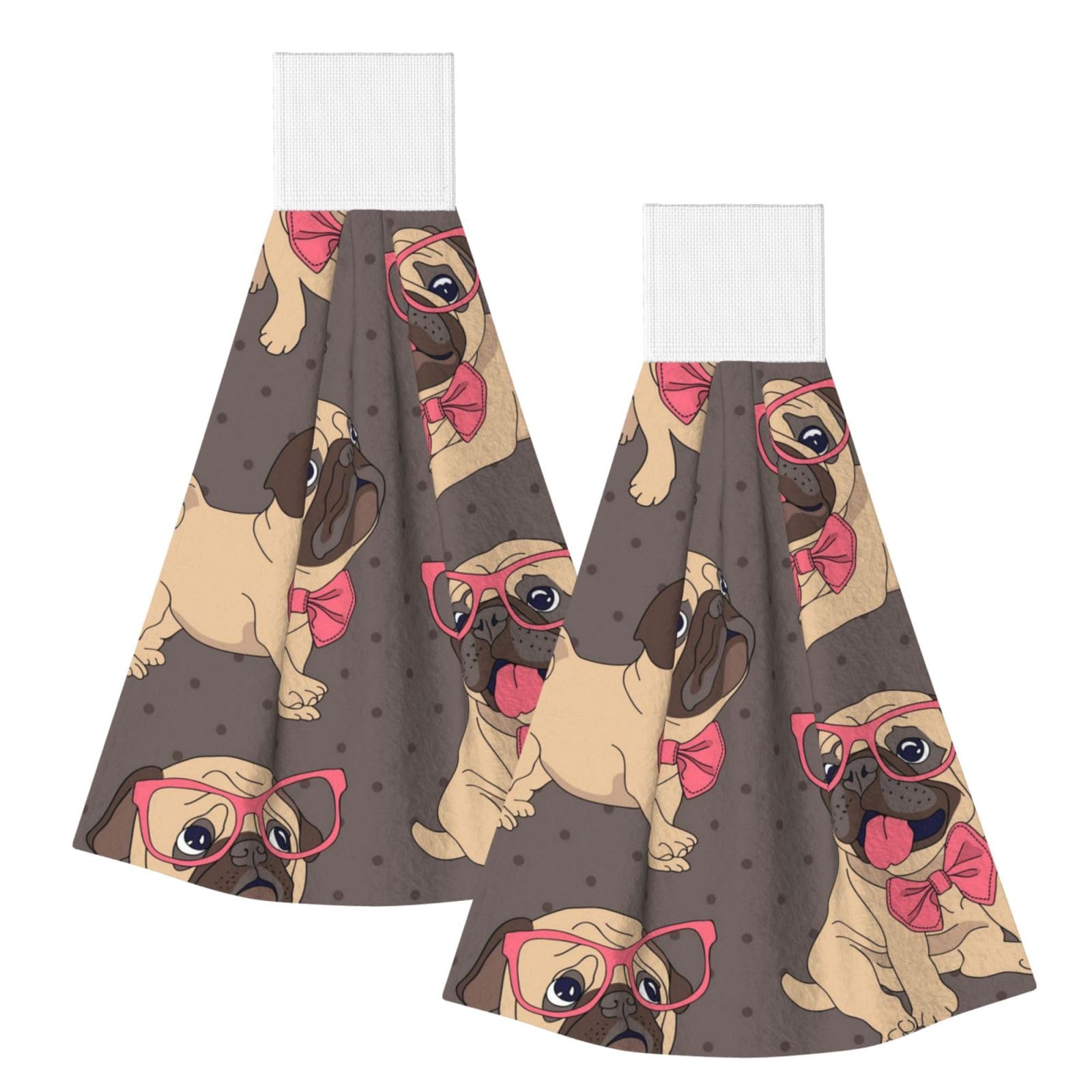 DOPKLNA Cartoon Pug Puppy In A Glasses And In A Bow Tie, 2 Pcs Hanging Coral Fiber Hand Towels for Bathroom, Absorbent Kitchen Towels