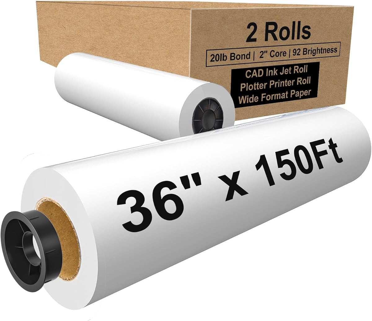 Papel de formato ancho de 36" x 150 pies, núcleo de 2", papel para trazador blanco, CAD Bond, 2 rollos