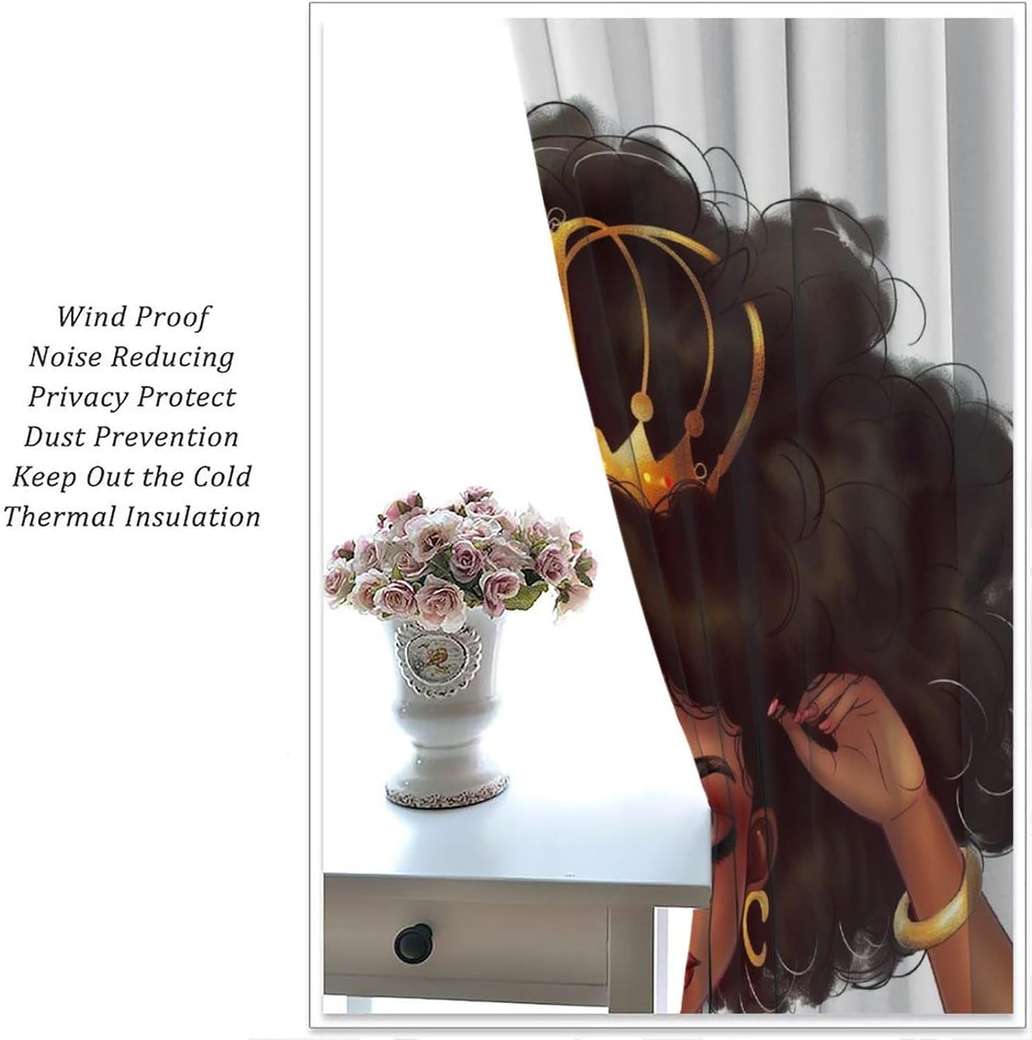 Black Girl Blackout Curtains, African American Women Girl with Gold crown Tapestries Black Queen Princess Wall Hanging Wall Windows Treatments Rod Pocket Drapes For Kids Living Room Bedroom 84x84in