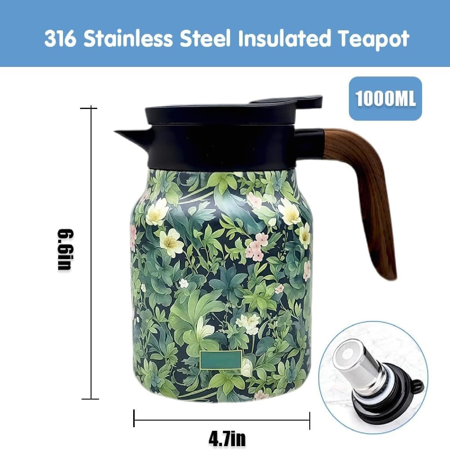 Infinite Tea Pot, Vintage Floral Pattern Tea Pot - Built-In Infuser, Infinite Stainless Steel Insulated Vintage Teapots for Hot Cold Drinks (Green)
