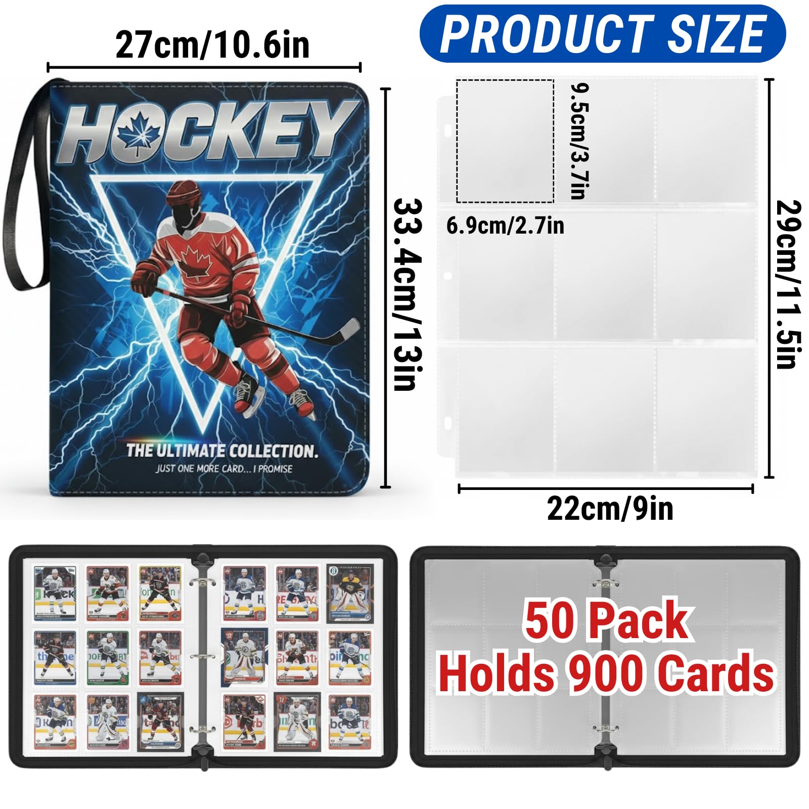 Hockey Card Binder with Sleeves, 900 Pockets Trading Card Binder, 9-Pocket 3-Ring Collector Album with 50 Removable Double-Sided Sleeves, Waterproof Sport Card Folder, Canadian Style Gift for Boys - 5