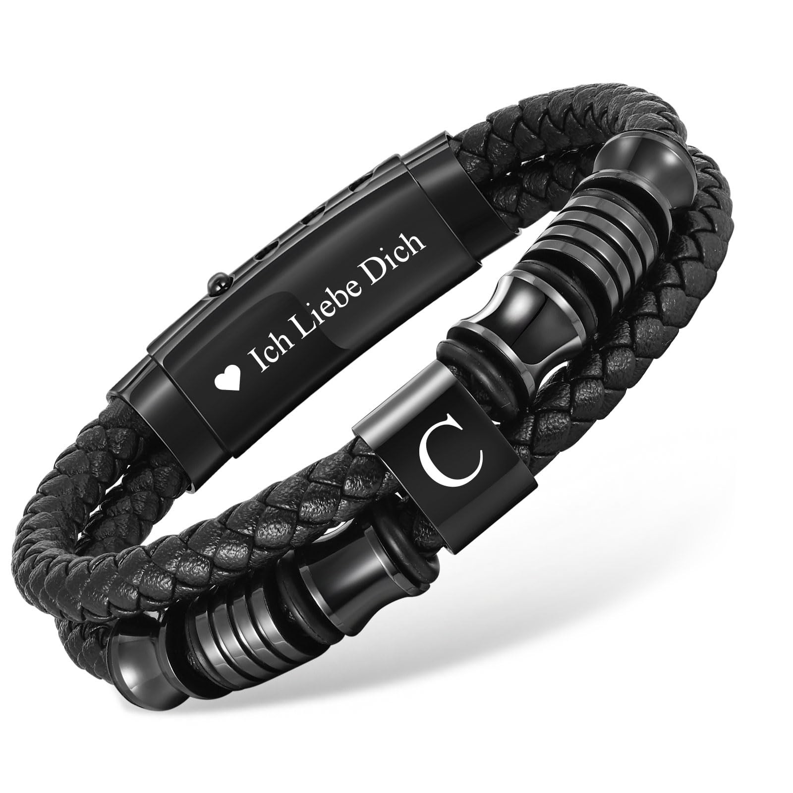 Armband Herren Lederarmband mit buchstaben - Schwarz Armbänder Leder mit Gravur A-Z Buchstabe Personalisierte Geschenke für Männer Jahrestag Geburtstag Vatertagsgeschenk für Papa Opa Sohn Bruder
