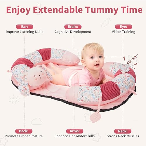 Miniatura 7 de Alfombrilla 2 en 1 para el tiempo boca abajo y almohada de apoyo sentado con 5 juguetes sensoriales, asiento de piso para bebé para tiempo boca