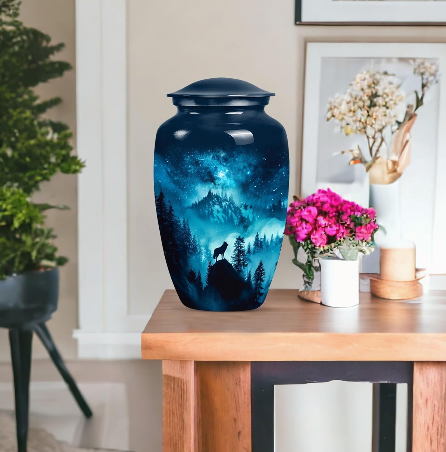 Wolf Urns for Human Ashes Adult Female - Small Urns for Human Ashes Keepsake - Combo of 5, Large Cremation Urn for Women - Blue Funeral Urn for Dad 10 Inch & 3 Inch