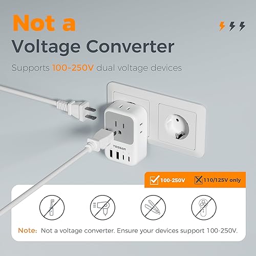 Miniatura 5 de TESSAN Adaptador de enchufe de viaje europeo, 2 unidades, adaptador PD de 20 W para enchufe de Europa con 4 salidas de CA, 4 USB (2 USB C),