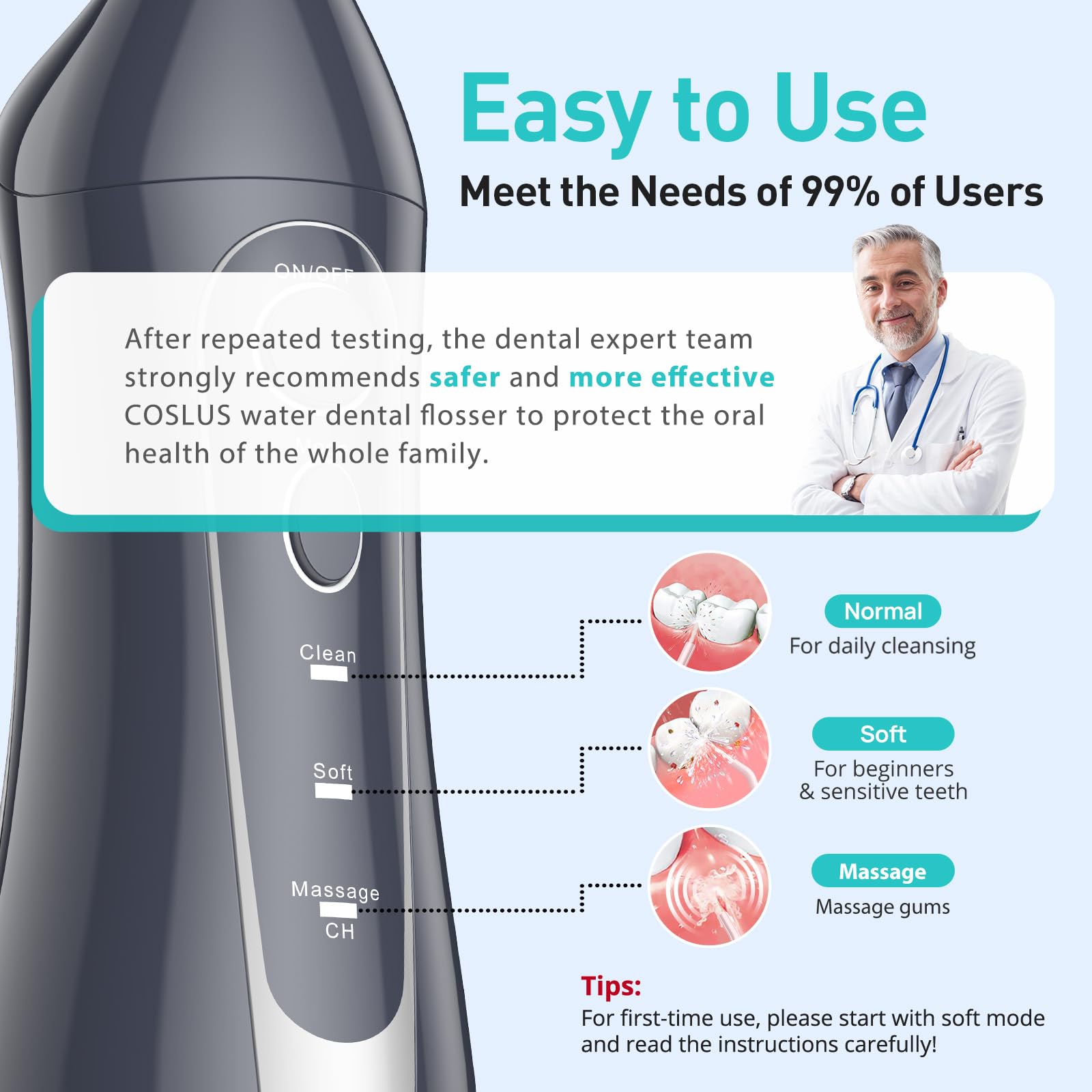 COSLUS C20 Water Dental Flosser Teeth Pick: 2026 Upgraded Portable Cordless Waterproof Flossing 300ML Rechargeable Travel Irrigation Cleaner IPX7 Gray - Image 3