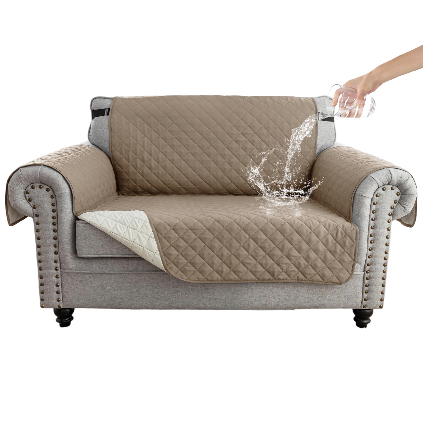 Zlune 2-Seater Reversible Sofa Cover, Water-Resistant, Khaki/Beige