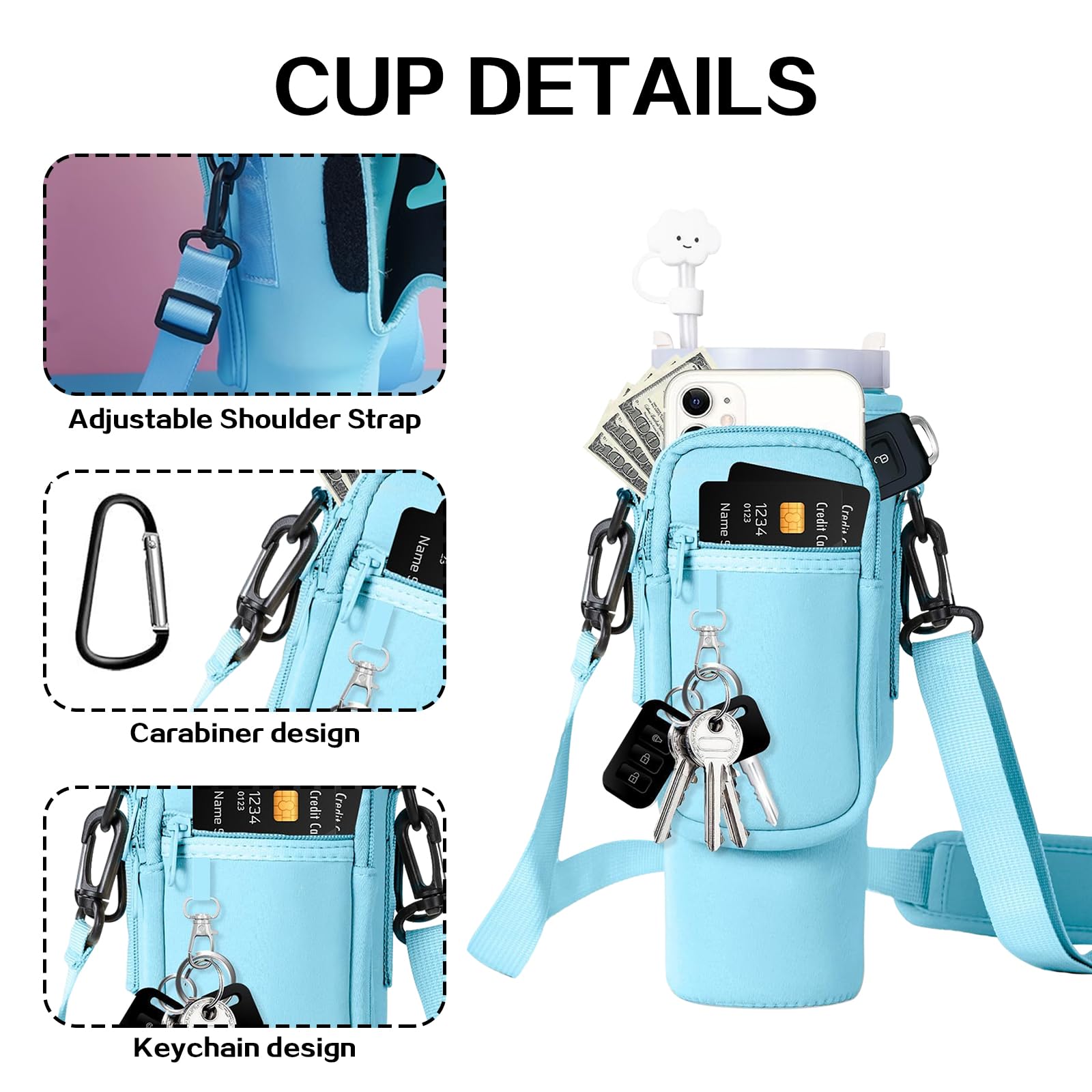 Torba na kubek Stanley Cup 1,2 l / 40 oz – praktyczna torba do przenoszenia z kieszenią na telefon komórkowy, breloczek do kluczy i regulowanym paskiem do użytku na zewnątrz, do biura, podróży i