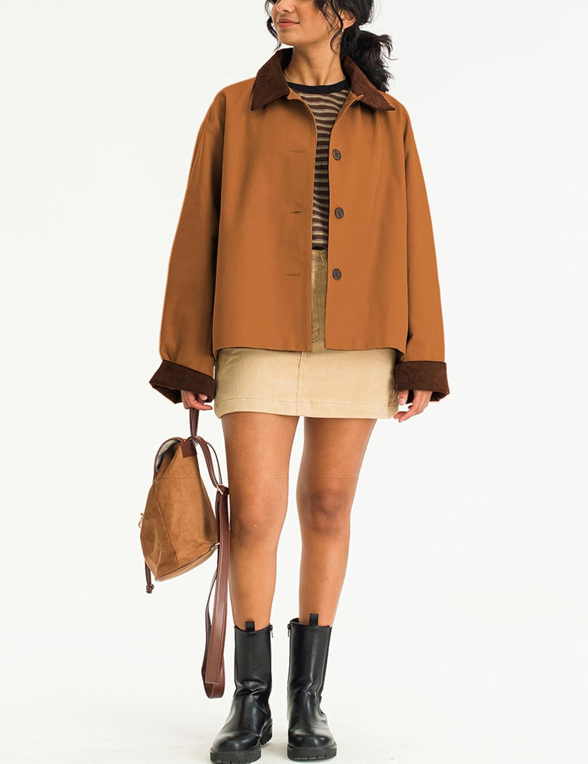 Lviefent Womens Contrast Collar Jacket Casual Button Down Long Sleeves Crop Trench Coat Outerwear with Pockets - Image 8