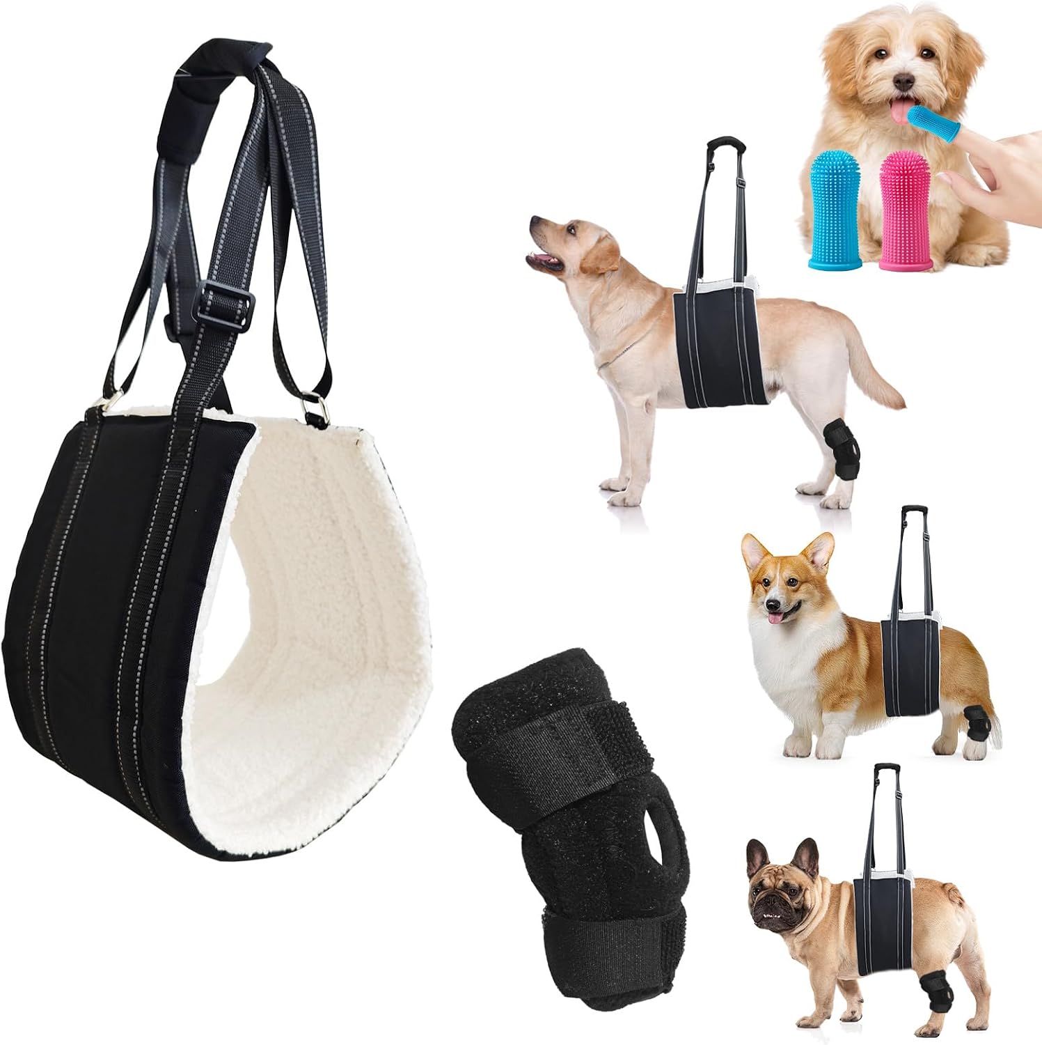 2 Pack Dog Adjustable Lift Harness Sling with Knee Brace for Weak Rear Legs Soft Hind Leg Support for Senior Injured, Disabled Dogs Set-Sling-M + Knee Brace-M with 2 Pack pet touthbrushes