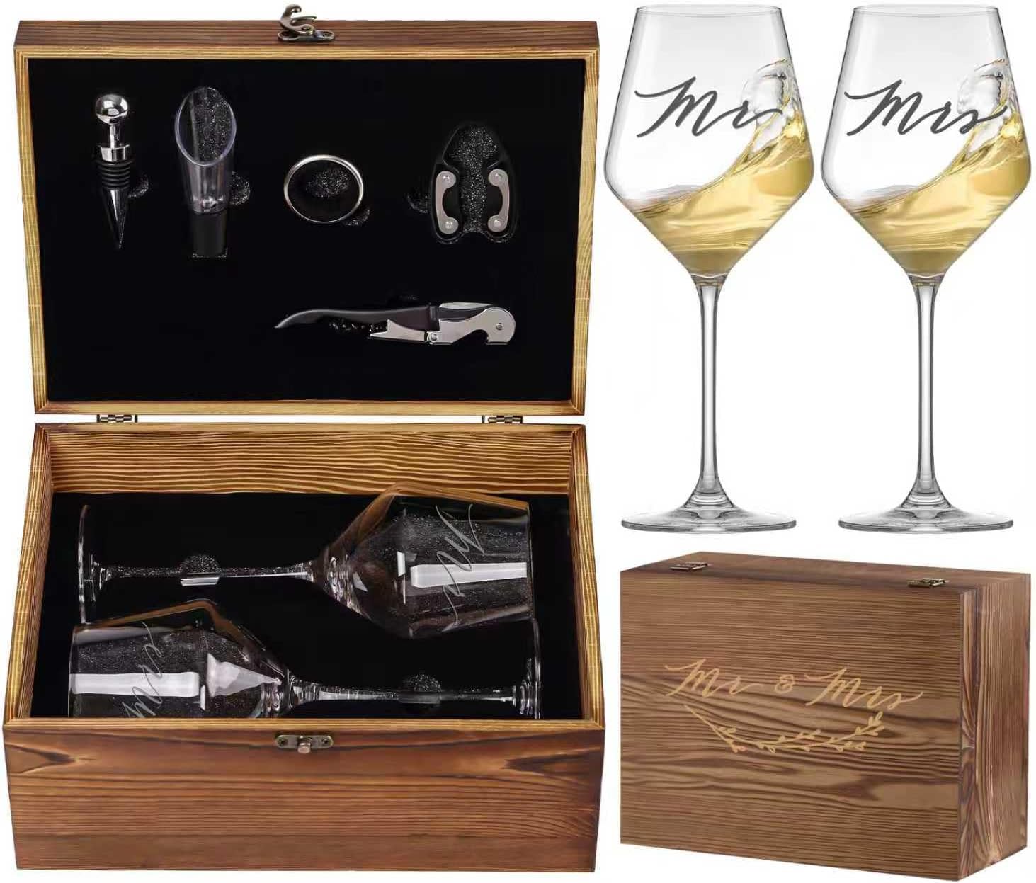 SIPBYSOP Mr and Mrs Wine Glasses Set with Wooden Box and Wine Accessories – Engagement or Housewarming Gift for Couple