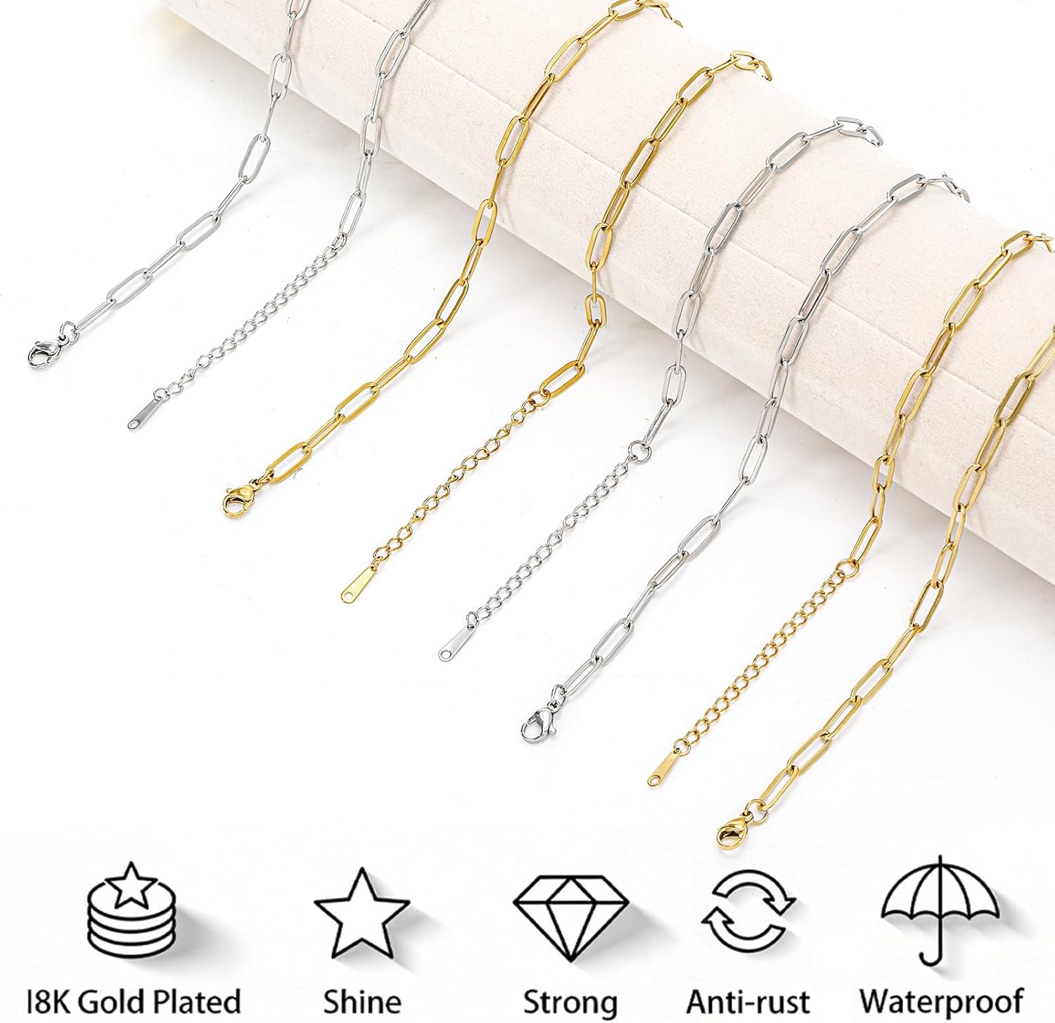 Okllen 16 Pack 18K Gold Plated Stainless Steel Paperclip Chains Bulk, Adjustable 18 Inch Charm Necklace Set with 2-Inch Extension for Women Jewelry Making, Gold&Silver - Image 5