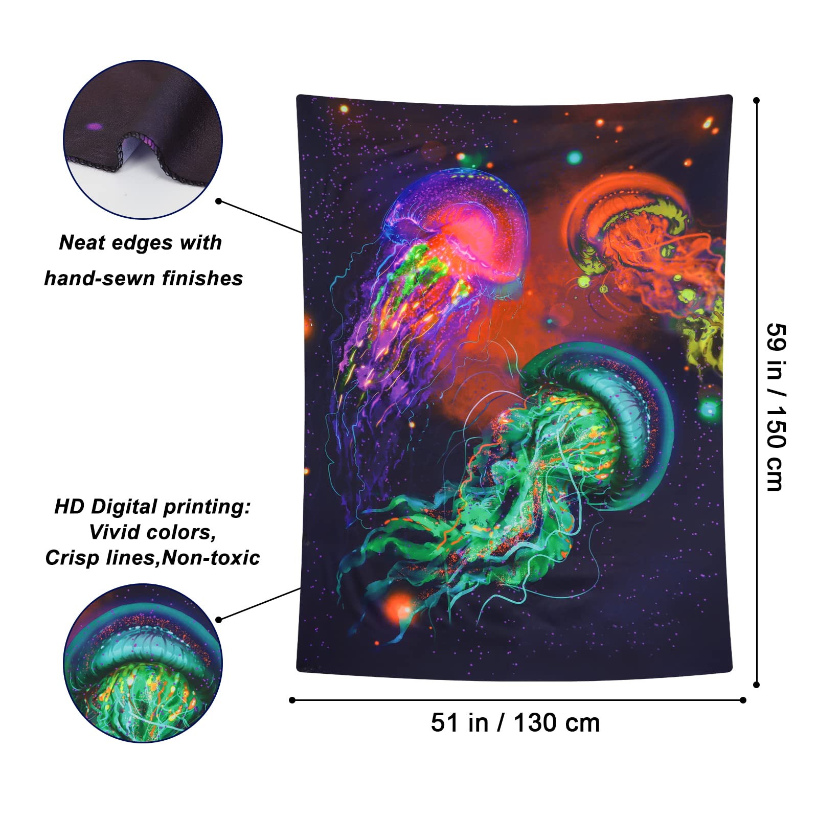 Miytal Fantasy Forest Qualle Tapisserie 180x230 Cm - UV-reaktiv, Leuchtet Im Dunkeln, Schwarzlicht