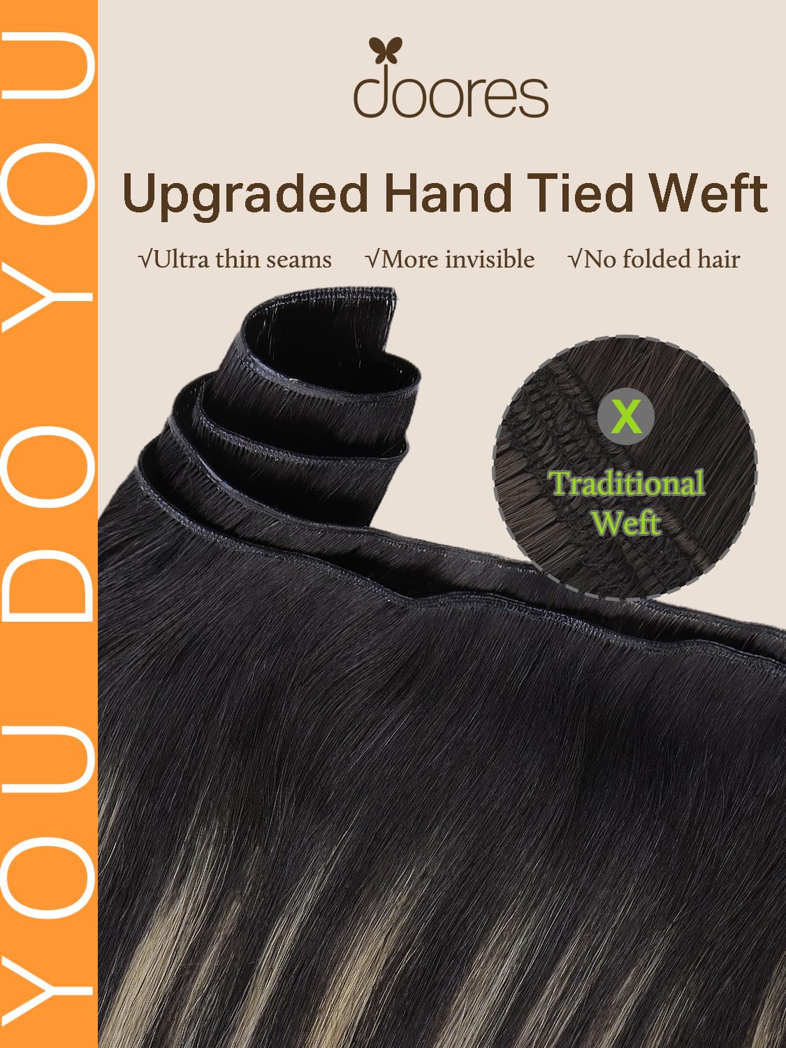 DOORES Genius Sew in Weft Hair Extensions Human Hair, 18 Inch Balayage Natural Black to Light Blonde 100g, Hand Tide Weft Straight High Density