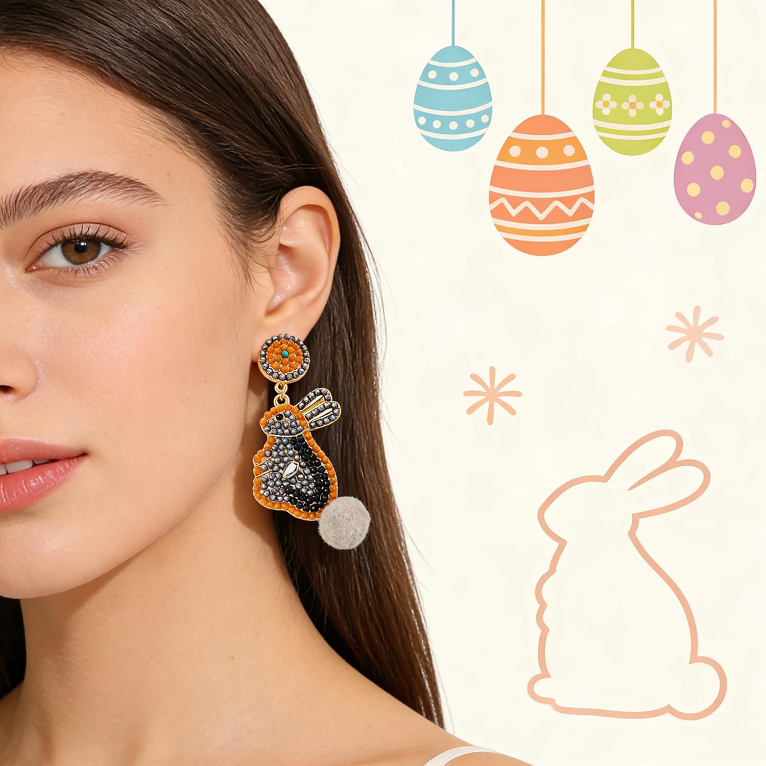 Alloy Beaded Black Easter Bunny Dangle Earrings for Women, Sparkly Holiday Statement Earrings with Pom Pom Spring Easter Jewelry Party Accessories - Image 3