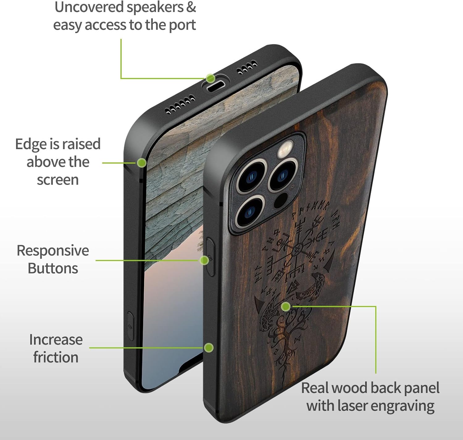 Carveit Magnetic Wood Case for iPhone 12 Pro Case [Hard Real Wood & Soft TPU] Shockproof Hybrid Protective Unique & Classy Wooden Cover Compatible with MagSafe (Viking Compass Vegvisir-Blackwood)