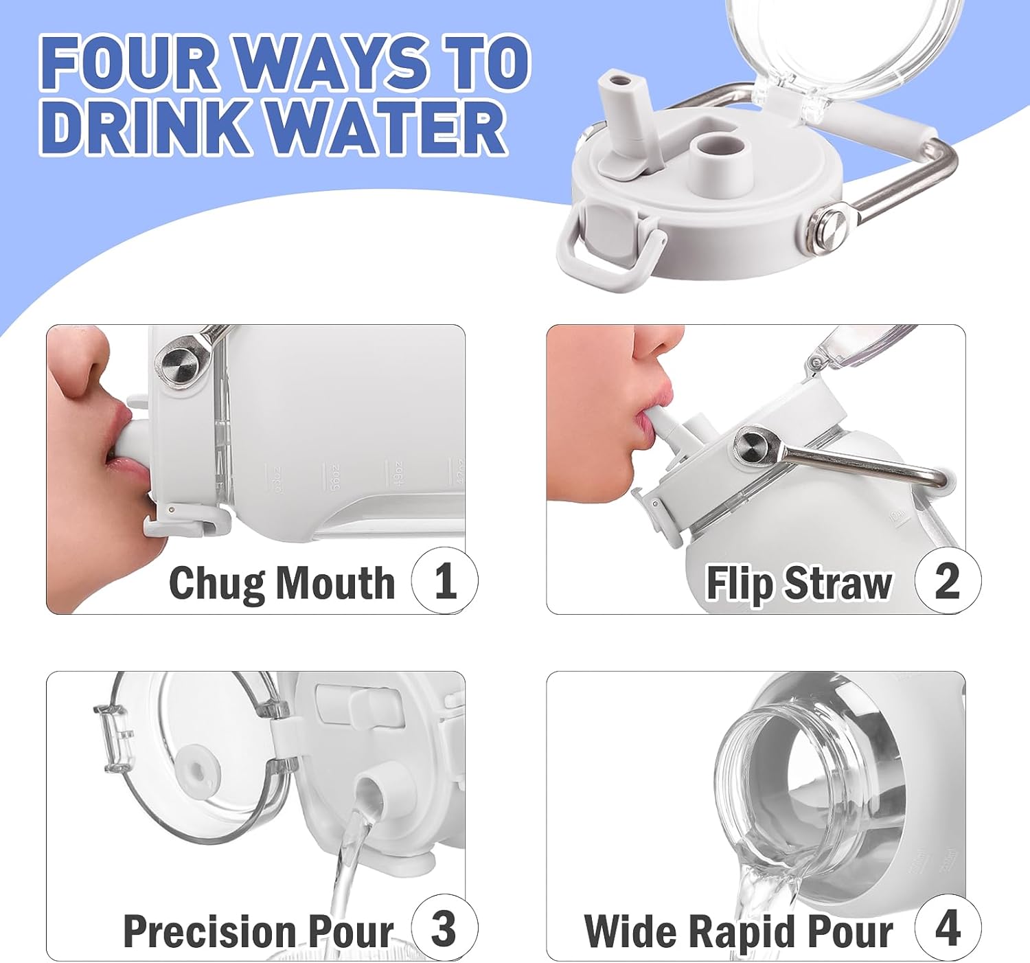 84oz Glass Water Bottle with Stainless Steel Handle,2.5L Gallon Water Bottle with 2-IN-1 Straw Lid, Silicone Sleeve and Motivational Capacity Marker, Wide Mouth Water Jug For Gym, Workout, White - Image 3