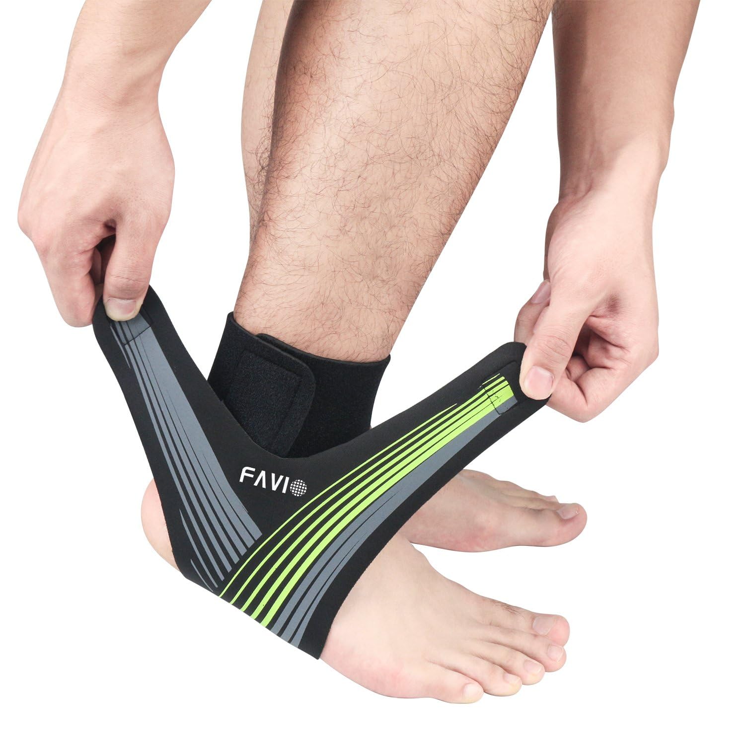 FAVIO Ankle Support Brace, Breathable Neoprene Sleeve, Medium size, for Men and Women Adjustable Wrap Green Color (Right Alkle)