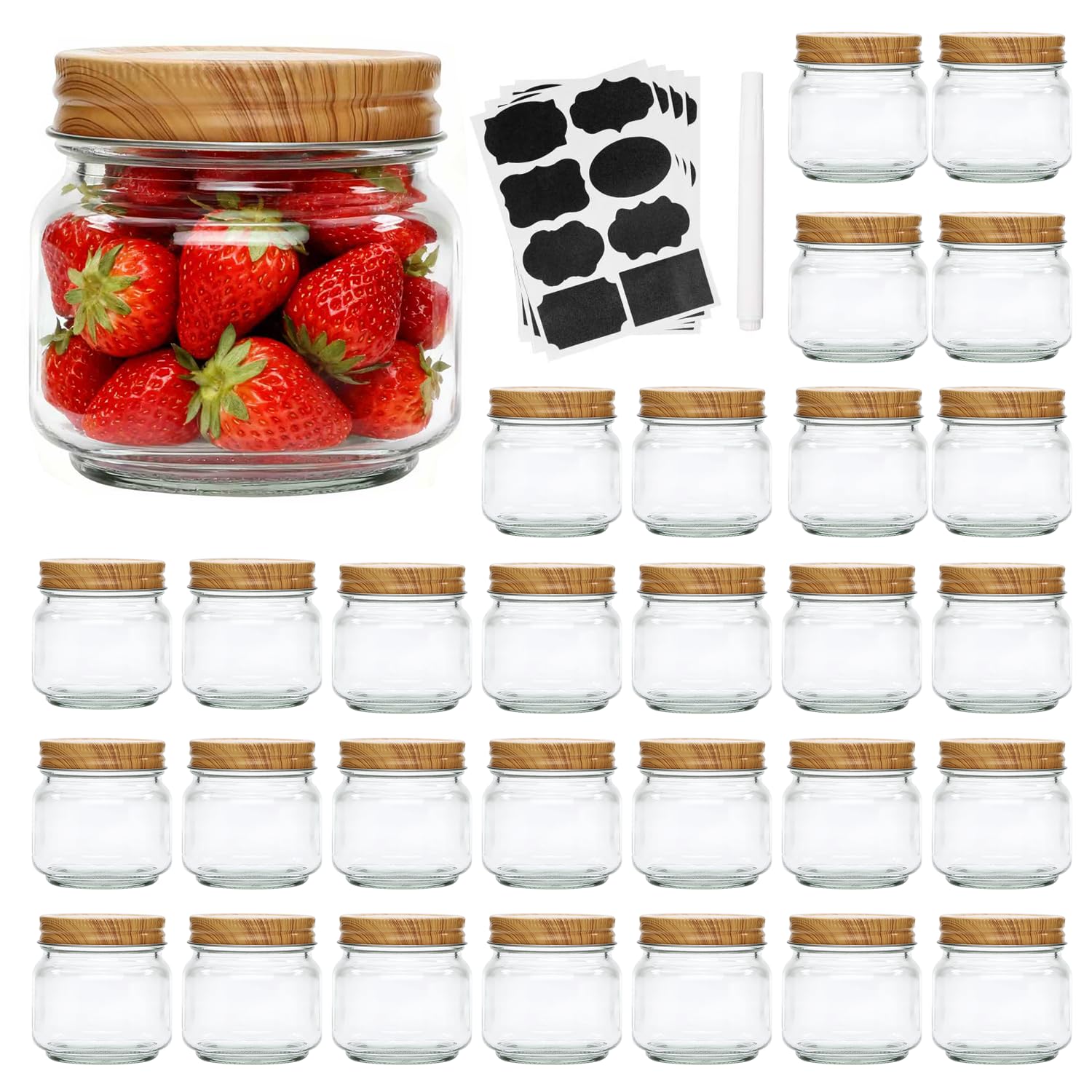accguan mason jars, glass jar 8oz with regular lids(wood grain iron lid), ideal for jam, honey, wedding favors, shower favors, 30 pack