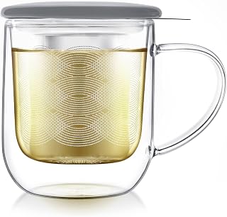 Teabloom Tea-For-One Steeping Mug – Insulated Double Wall Glass Mug (12 oz), Stainless Steel Infuser, Porcelain Lid/Coaster – Great For Brewing Loose Leaf Tea