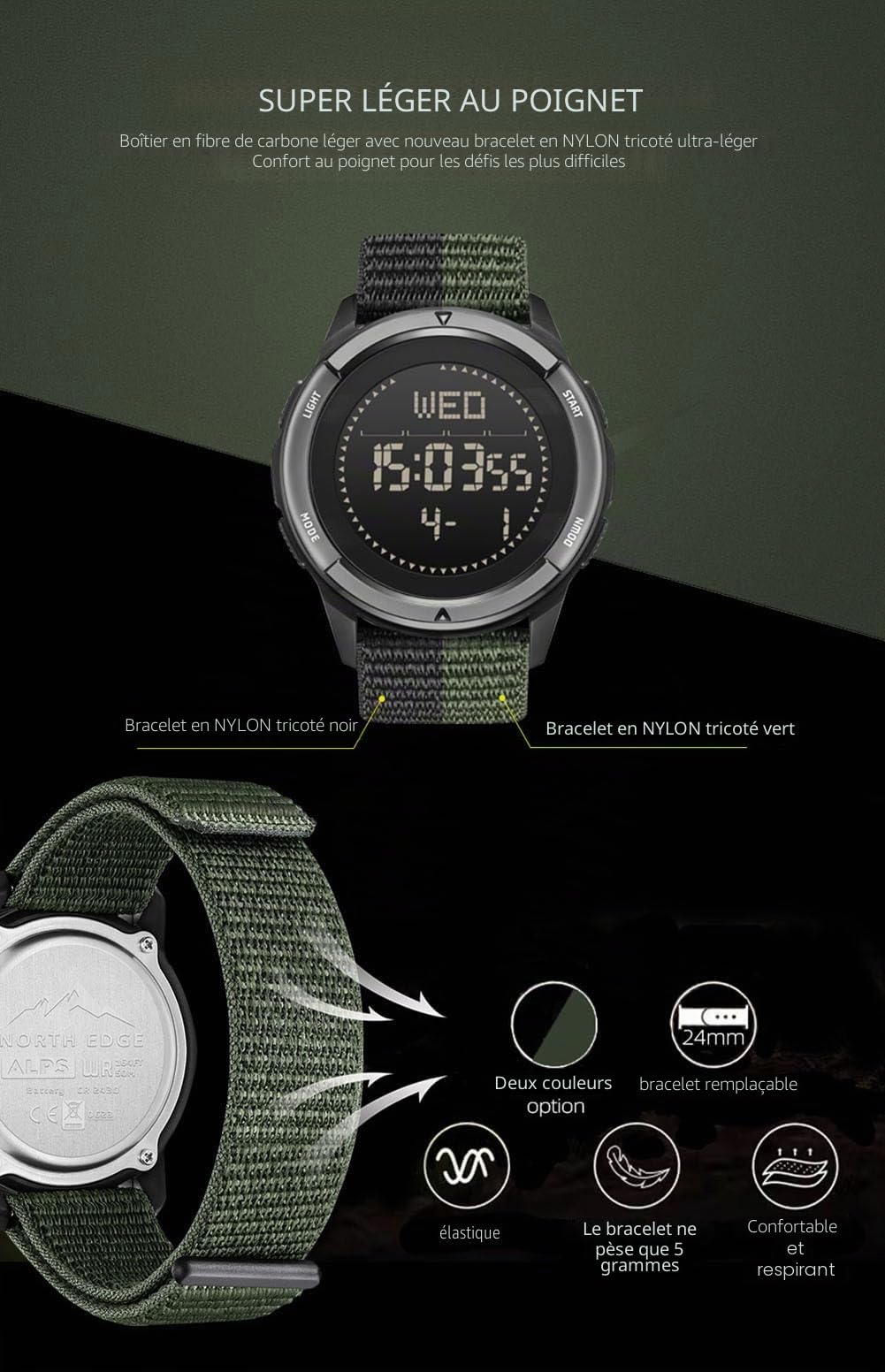 Montre Digitale d'extérieur pour Hommes avec boîtier en Fibre de Carbone Rétro-éclairage par LED Montre Tactique étanche à 50M Montres Militaires Boussole Montre-Bracelet