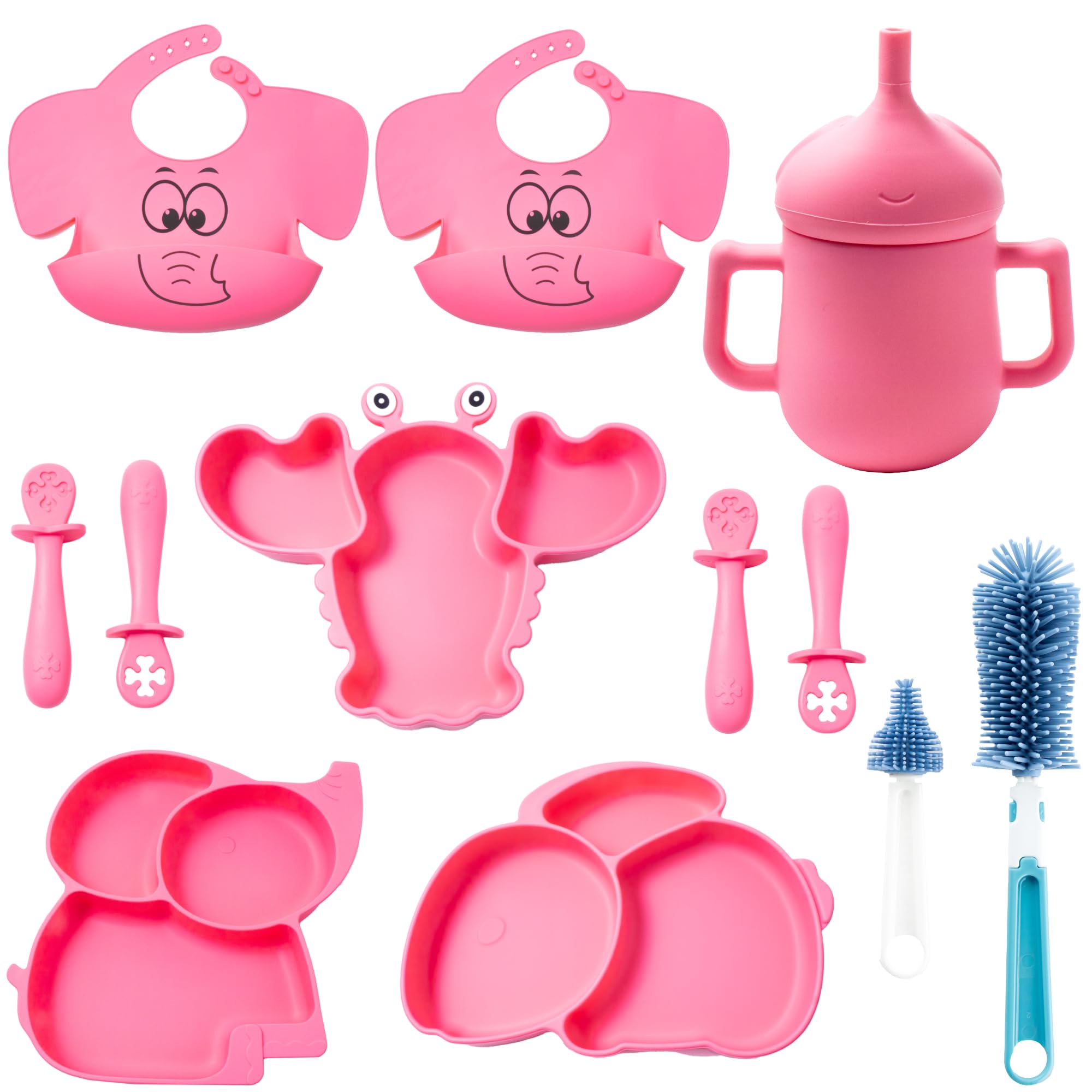 Vajilla de Silicona Bebé | Platos con Ventosa | Vaso de Aprendizaje Antiderrame | Cucharas para Aprendizaje BLW | Baberos de Silicona Ajustables | Cepillos Limpia Biberones | 12 piezas | Diseño Animal