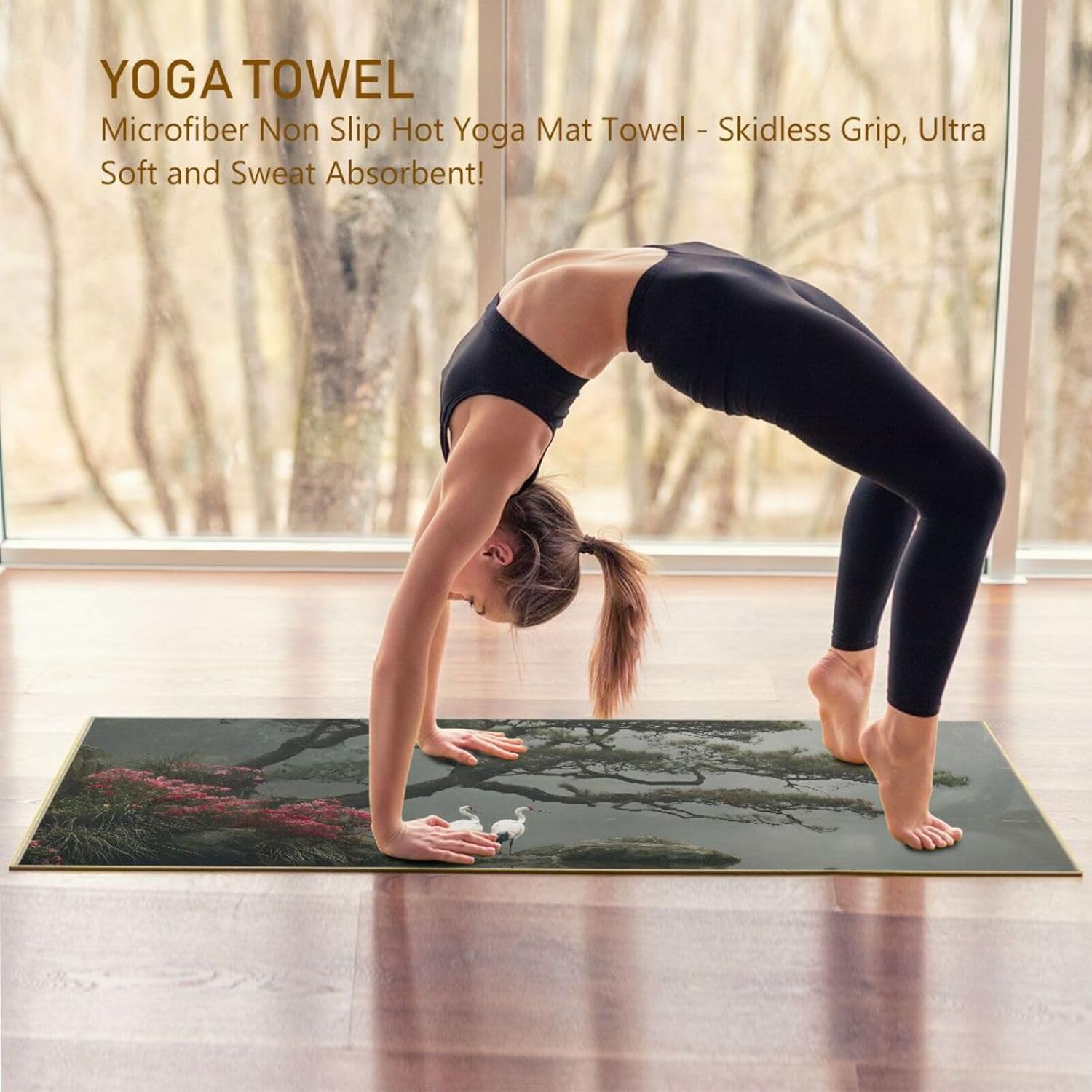Hot Yoga Towel Crane Landscape – Stylish, Non-Slip, Grip Dots, Super Absorbent, 27" x 73" - Yoga Mat Towels for Exercise, Fitness