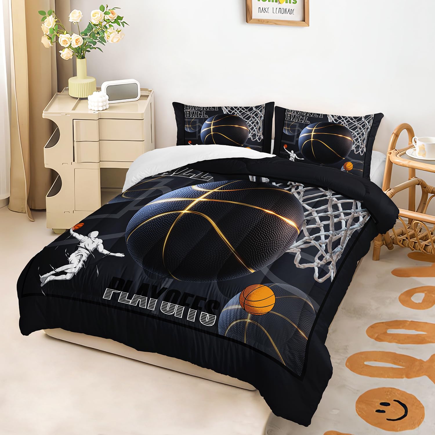 AILONEN Boys Basketball Comforter Set Queen Size,Sport Dunk Basketball Bedding Set for Kids Teens,Black Ball Printed Microfiber Comforter with 2 Pillowcases,3-Piece Sport Bedroom Decor,All Season