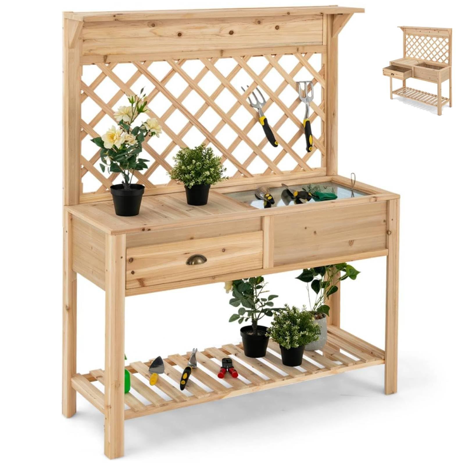 TANGZON Garden Potting Table, 120 x 43 x 150cm Wooden Potting Bench ...